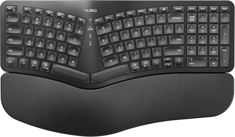 Nulea Wireless Ergonomic Keyboard, Split Keyboard with Cushioned Wrist Rest, Bluetooth and USB Connectivity, USB-C Rechargeable, Compatible with Windows Mac(Black) - Image 1